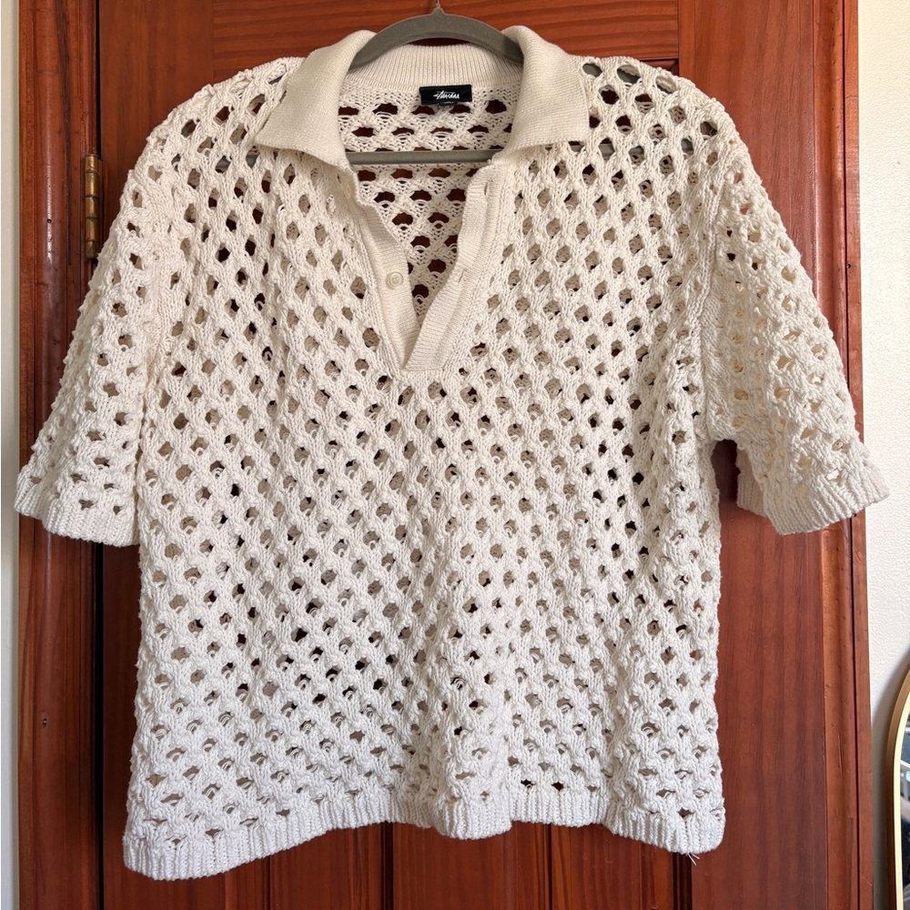 Stussy Cream V-Neck Knit Sweater